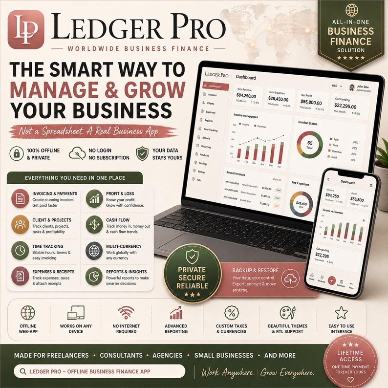 May include: A Ledger Pro business finance software advertisement featuring a laptop and smartphone displaying a financial dashboard. The graphic includes text detailing features like invoicing, profit and loss tracking, multi-currency support, and offline data privacy.