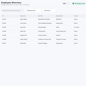 May include: A digital dashboard interface titled Employee Directory for EmployeeFlow Pro HR Command Center. The screen displays a table with columns for ID, Employee, Job Title, Department, Status, and Salary, featuring navigation menus on the left.