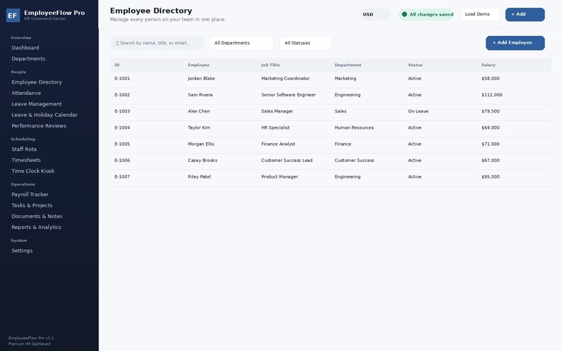 May include: A digital dashboard interface titled Employee Directory for EmployeeFlow Pro HR Command Center. The screen displays a table with columns for ID, Employee, Job Title, Department, Status, and Salary, featuring navigation menus on the left.