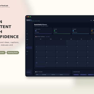 May include: A digital social media planner interface with a dark theme, featuring a monthly content calendar, post tracker, and hashtag bank. The text reads: PLAN CONTENT WITH CONFIDENCE, PlannerToolLab, Social Media Planner, and Content Calendar.