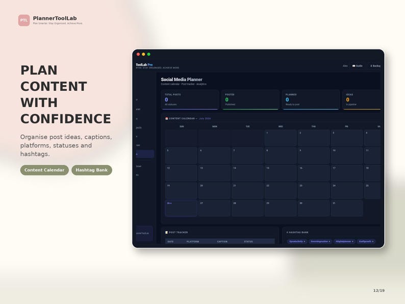 May include: A digital social media planner interface with a dark theme, featuring a monthly content calendar, post tracker, and hashtag bank. The text reads: PLAN CONTENT WITH CONFIDENCE, PlannerToolLab, Social Media Planner, and Content Calendar.