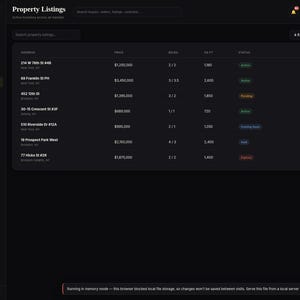 May include: A dark-themed Real Estate CRM Planner software interface displaying a Property Listings table. The dashboard features a sidebar with navigation links, a search bar, and a list of properties with columns for address, price, beds/baths, square footage, and status.