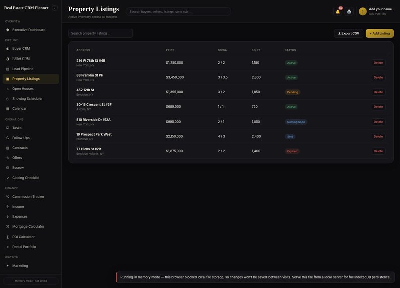 May include: A dark-themed Real Estate CRM Planner software interface displaying a Property Listings table. The dashboard features a sidebar with navigation links, a search bar, and a list of properties with columns for address, price, beds/baths, square footage, and status.
