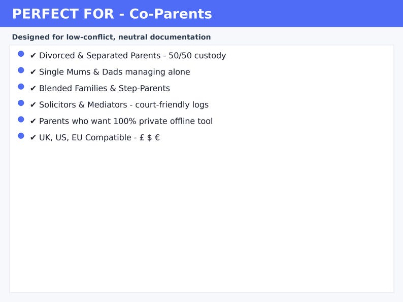 May include: A white informational graphic with a blue header reading PERFECT FOR - Co-Parents. The text lists features for low-conflict documentation, including Divorced & Separated Parents, Single Mums & Dads, Blended Families, Solicitors, and UK, US, EU currency symbols.