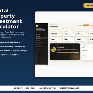 May include: A digital Rental Property Investment Calculator app interface displayed on a dark blue background. The dashboard features financial metrics including purchase price, mortgage, cash flow, ROI, and an investment rating of Excellent.