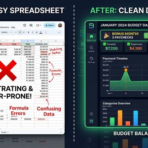 May include: A comparison graphic showing a messy spreadsheet with manual entry and formula errors on the left, labeled as frustrating and error-prone, next to a clean, dark-themed January 2024 budget dashboard on the right with balanced budget data.