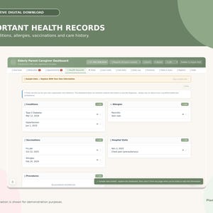 Puede incluir: Un panel digital interactivo titulado Important Health Records para el cuidado de padres mayores. La interfaz presenta secciones para condiciones, alergias, vacunas y visitas al hospital con datos de muestra en un dise&ntilde;o de color verde claro.