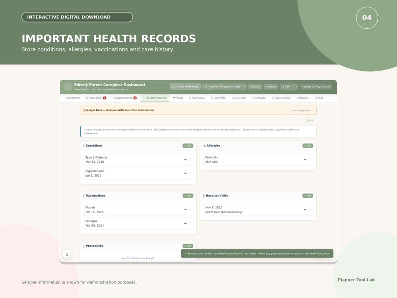 Puede incluir: Un panel digital interactivo titulado Important Health Records para el cuidado de padres mayores. La interfaz presenta secciones para condiciones, alergias, vacunas y visitas al hospital con datos de muestra en un dise&ntilde;o de color verde claro.