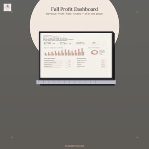 May include: A digital Full Profit Dashboard displayed on a screen, featuring revenue, profit, fees, and order data. The interface includes bar charts, a donut chart, and lists for top-selling items and recent activity, all organized for financial tracking.