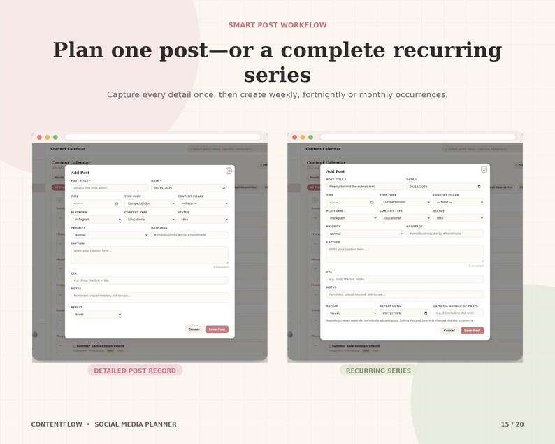 May include: A digital interface showing a Smart Post Workflow for planning social media content. Two windows display an Add Post form with fields for title, date, time, platform, content pillar, status, priority, caption, CTA, and notes.
