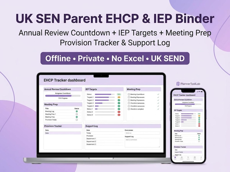 May include: A digital UK SEN Parent EHCP & IEP Binder tracker displayed on a laptop and smartphone screen. The interface features sections for Annual Review Countdown, IEP Targets, Meeting Prep, Provision Tracker, and Support Log in purple.
