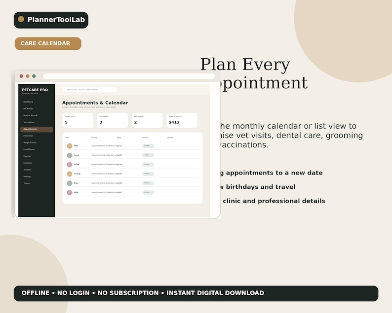 May include: A digital interface for Petcare Pro featuring an Appointments & Calendar dashboard. The screen displays a list of pet care tasks, vet visits, and costs. Text includes PlannerToolLab, Care Calendar, and Plan Every Appointment.