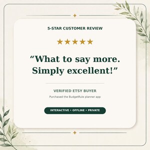 May include: A square graphic featuring a 5-star customer review with the text "What to say more. Simply excellent!" and "VERIFIED ETSY BUYER Purchased the BudgetRule planner app". A dark green button contains the text "INTERACTIVE &bull; OFFLINE &bull; PRIVATE".