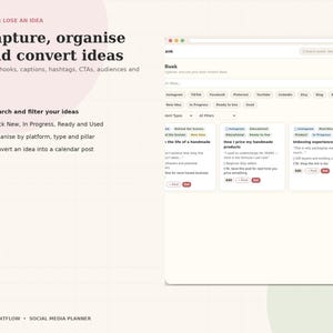 May include: A digital content planner interface featuring the text Capture, organise and convert ideas. The layout includes a dashboard for tracking social media posts with categories for platforms, content types, and status updates like In Progress.