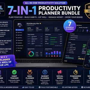 May include: A 7-in-1 productivity planner bundle displayed on a laptop, tablet, and smartphone. The dark-themed interface features a dashboard, daily planner, habit tracker, meal planner, budget planner, social media manager, and notes section.
