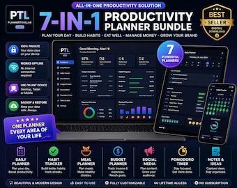 Planificador de productividad digital 7 en 1: diario, hábitos, comidas, presupuesto, redes sociales, Pomodoro (descarga HTML)