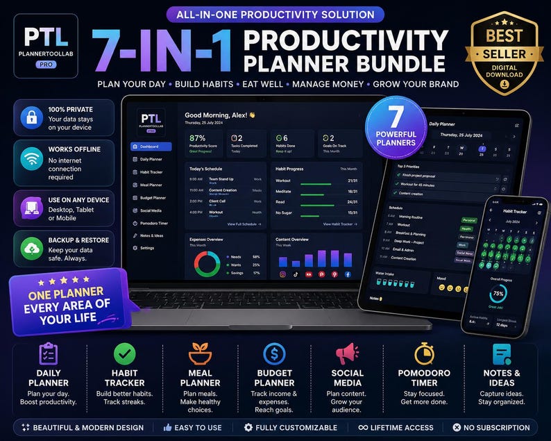 May include: A 7-in-1 productivity planner bundle displayed on a laptop, tablet, and smartphone. The dark-themed interface features a dashboard, daily planner, habit tracker, meal planner, budget planner, social media manager, and notes section.