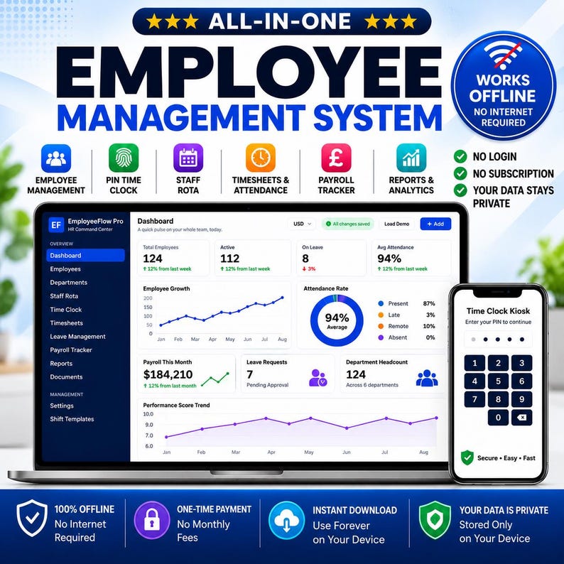 Employee Management Software, Staff Rota, Time Clock, Payroll Tracker (Offline HTML) image 1