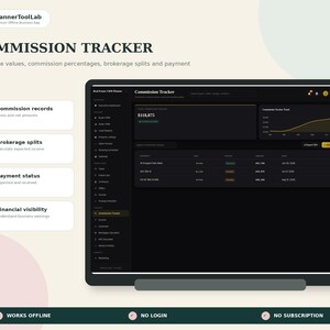 May include: A digital commission tracker interface displayed on a screen, featuring a dark theme dashboard with financial data, charts, and lists. The layout includes sections for commission records, brokerage splits, payment status, and financial visibility.