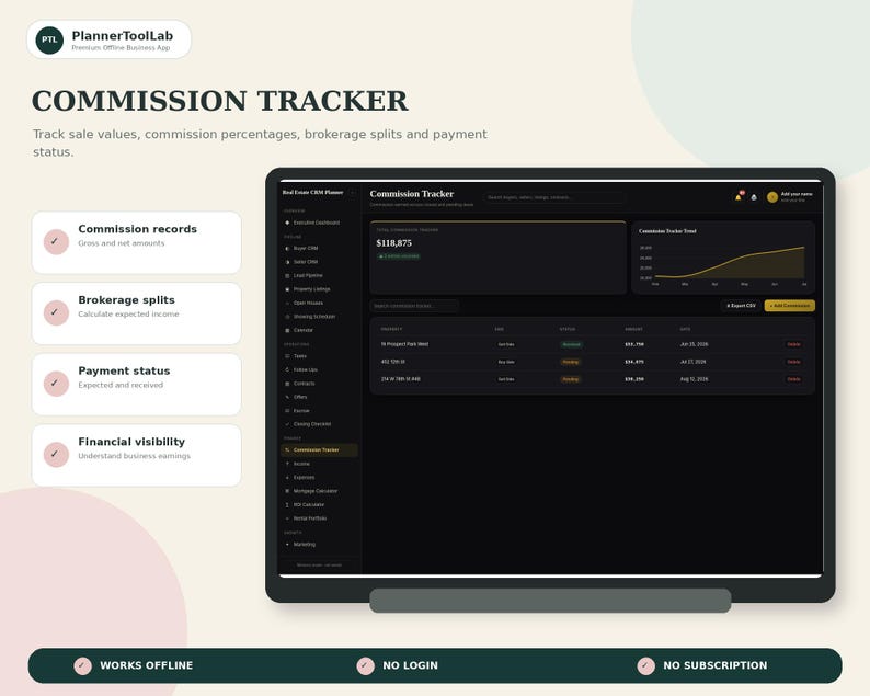 May include: A digital commission tracker interface displayed on a screen, featuring a dark theme dashboard with financial data, charts, and lists. The layout includes sections for commission records, brokerage splits, payment status, and financial visibility.