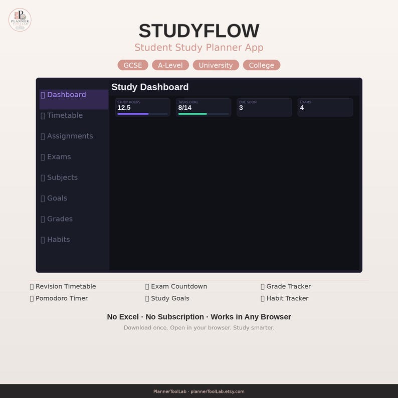 May include: STUDYFLOW Student Study Planner App interface featuring a dark mode Study Dashboard with navigation for Timetable, Assignments, Exams, Subjects, Goals, Grades, and Habits. Includes trackers for study hours, tasks, and exam countdowns.