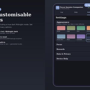 May include: A digital interface for the Focus Session Companion app displaying a settings menu with nine color themes including Blush, Sage, Mint, Peach, Dusty Blue, Plum, Lavender, and Midnight. The screen features sections for Appearance, Focus, Rewards, Data & Privacy, and Device Help.