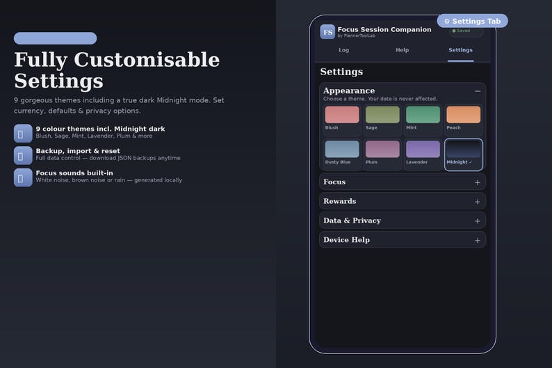 May include: A digital interface for the Focus Session Companion app displaying a settings menu with nine color themes including Blush, Sage, Mint, Peach, Dusty Blue, Plum, Lavender, and Midnight. The screen features sections for Appearance, Focus, Rewards, Data & Privacy, and Device Help.