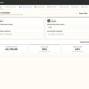 May include: A digital Couple's Budget Planner interface displaying a Partner Incomes dashboard for August 2026. The screen features input fields for monthly take-home income for Alex and Jordan, alongside an income summary showing a combined total of &pound;4,750.00, with percentage shares of 56% and 44% respectively.