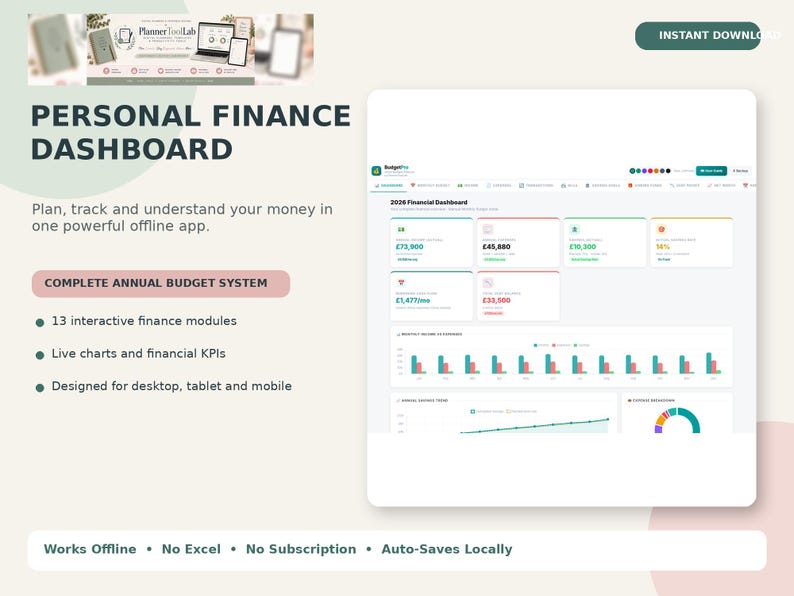 Personal Finance Dashboard, Budget Planner App, Offline HTML Tracker image 2