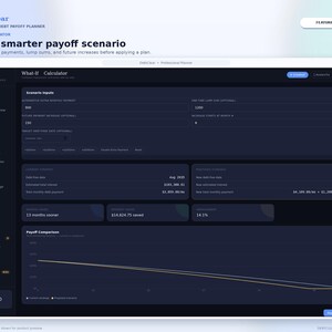 May include: A dark-themed digital interface for the DebtClear Professional Debt Payoff Planner. The screen displays a What-If Calculator with scenario inputs, payoff comparison data, and a line graph showing debt reduction over time.
