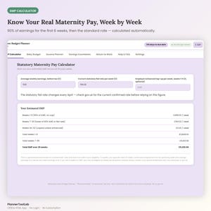 May include: A digital Statutory Maternity Pay Calculator interface displaying fields for average weekly earnings, current statutory flat rate, and employer top-up. The screen shows estimated weekly and total payments in British Pounds over 39 weeks.