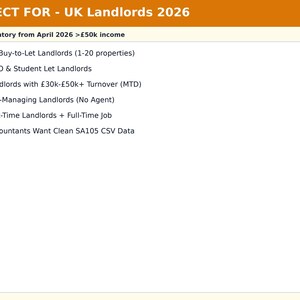May include: An informational graphic with an orange header reading PERFECT FOR - UK Landlords 2026. Below, text states MTD Mandatory from April 2026 >&pound;50k income, followed by a list of six bullet points detailing criteria for UK buy-to-let landlords.