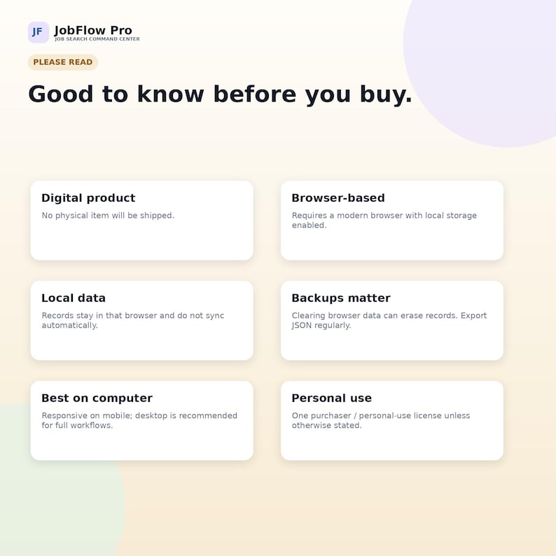 May include: An informational graphic for JobFlow Pro titled Good to know before you buy. It lists six points: Digital product, Browser-based, Local data, Backups matter, Best on computer, and Personal use, each with a brief explanatory sentence.