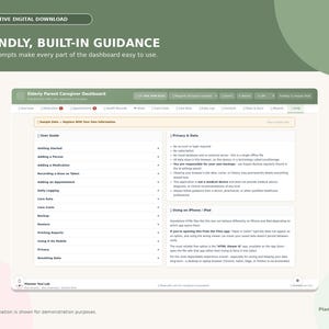 Puede incluir: Un panel digital interactivo titulado Elderly Parent Caregiver Dashboard con una interfaz en verde claro y blanco. Incluye una gu&iacute;a de usuario, informaci&oacute;n sobre privacidad y datos, e instrucciones para dispositivos m&oacute;viles, todo en un dise&ntilde;o limpio.