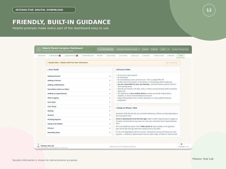 Puede incluir: Un panel digital interactivo titulado Elderly Parent Caregiver Dashboard con una interfaz en verde claro y blanco. Incluye una gu&iacute;a de usuario, informaci&oacute;n sobre privacidad y datos, e instrucciones para dispositivos m&oacute;viles, todo en un dise&ntilde;o limpio.