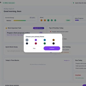 May include: A digital dashboard interface titled ADHD Second Brain featuring a pop-up window labeled Choose your primary theme. The window displays eight circular color options including gray, purple, blue, brown, dark blue, pink, green, and black.