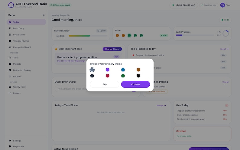 May include: A digital dashboard interface titled ADHD Second Brain featuring a pop-up window labeled Choose your primary theme. The window displays eight circular color options including gray, purple, blue, brown, dark blue, pink, green, and black.