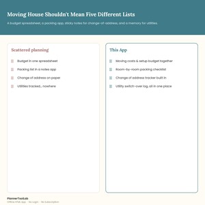 May include: A comparison chart titled Moving House Shouldn't Mean Five Different Lists. It contrasts Scattered planning, listing budget, packing, address, and utilities, with This App, which consolidates these tasks into one place. The design is teal and white.