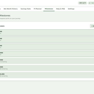 May include: A digital Net Worth & FI Tracker interface displaying a Net Worth Milestones page. The screen features a list of financial goals ranging from &pound;10,000 to &pound;1,000,000, with status indicators showing achieved milestones and remaining amounts in British pounds.