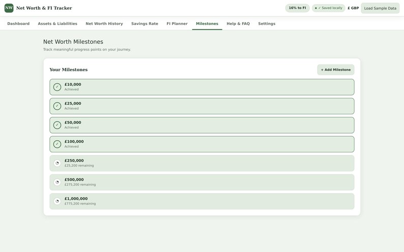 May include: A digital Net Worth & FI Tracker interface displaying a Net Worth Milestones page. The screen features a list of financial goals ranging from &pound;10,000 to &pound;1,000,000, with status indicators showing achieved milestones and remaining amounts in British pounds.