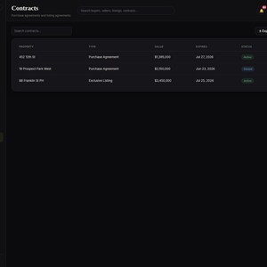 May include: A dark-themed digital interface for a Real Estate CRM Planner showing a Contracts page. The dashboard features a left-hand navigation sidebar and a central table listing property contracts with columns for property, type, value, expires, and status.