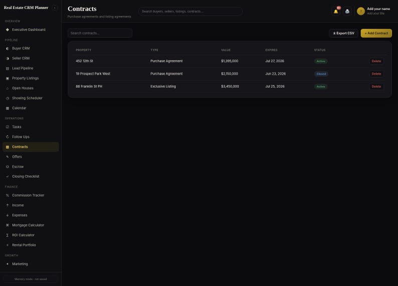 May include: A dark-themed digital interface for a Real Estate CRM Planner showing a Contracts page. The dashboard features a left-hand navigation sidebar and a central table listing property contracts with columns for property, type, value, expires, and status.