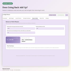 May include: A digital Return to Work Planner interface featuring input fields for monthly take-home pay, childcare costs, and extra work expenses. The screen displays a net monthly gain of &pound;1,150.00 and includes a section titled What This Means.