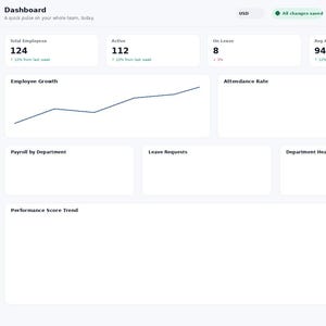 May include: A digital dashboard interface titled EmployeeFlow Pro featuring a dark blue sidebar with navigation menus and a light gray main area displaying metrics like Total Employees 124, Active 112, On Leave 8, and Avg Attendance 94%.