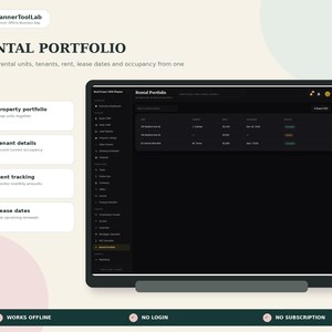 May include: A digital interface for a Rental Portfolio planner by PlannerToolLab. The screen displays a dark-themed dashboard with property, tenant, and rent tracking columns. Features include offline functionality, no login, and no subscription requirements.