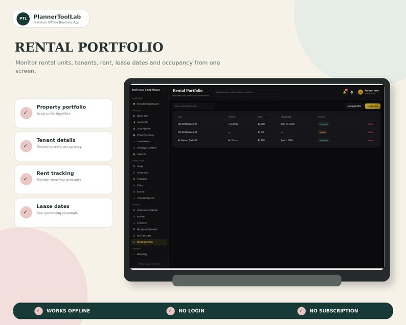 May include: A digital interface for a Rental Portfolio planner by PlannerToolLab. The screen displays a dark-themed dashboard with property, tenant, and rent tracking columns. Features include offline functionality, no login, and no subscription requirements.