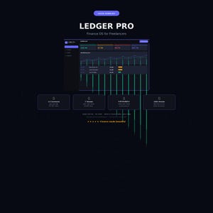 May include: A digital download titled Ledger Pro Finance OS for Freelancers featuring a dark-themed dashboard interface with financial charts, data tables, and four feature boxes highlighting 12 currencies, 7 themes, full analytics, and 100% privacy.