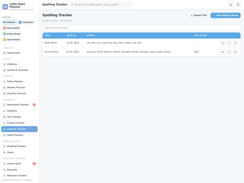 May include: A digital interface for Little Stars Planner showing a Spelling Tracker dashboard. The screen displays a table with columns for child name, week of, words, and quiz score, featuring entries for Noah Parker and Emma Parker with list of words.