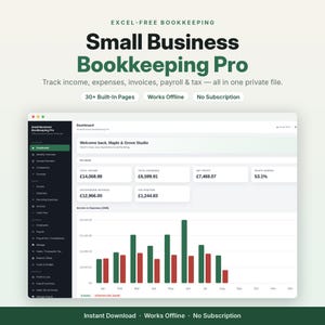 May include: A digital bookkeeping software interface titled Small Business Bookkeeping Pro. The dashboard displays financial metrics including total income, expenses, net profit, and a bar chart comparing income and expenses over several months.