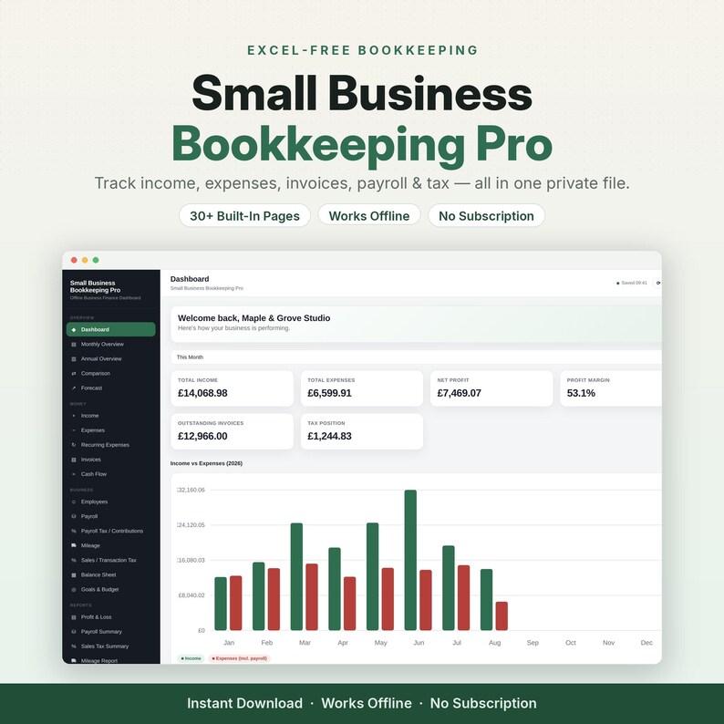 May include: A digital bookkeeping software interface titled Small Business Bookkeeping Pro. The dashboard displays financial metrics including total income, expenses, net profit, and a bar chart comparing income and expenses over several months.
